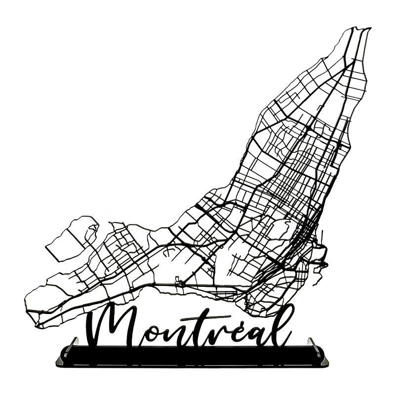 carte des routes de Montréal au Canada en plexiglass noir, projet artistique, décoration de maison, fond blanc