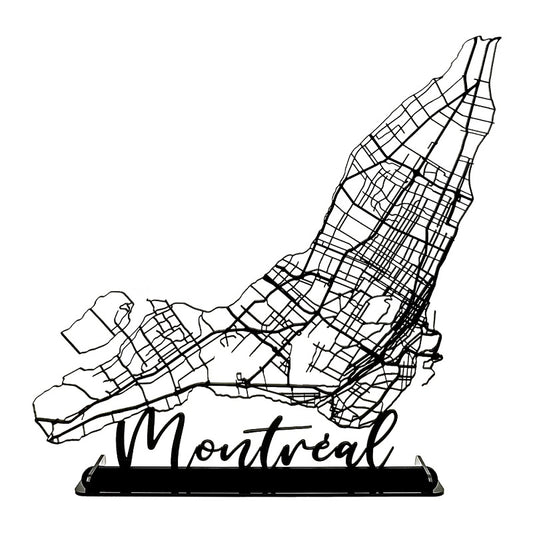 carte des routes de Montréal au Canada en plexiglass noir, projet artistique, décoration de maison, fond blanc