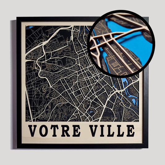 3D wooden map of the city of your choice - black background