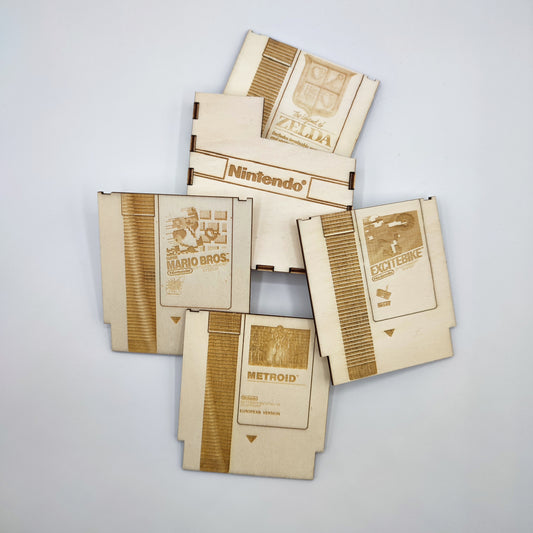 Set of 4 Retro Nes cartridge coasters with wooden box