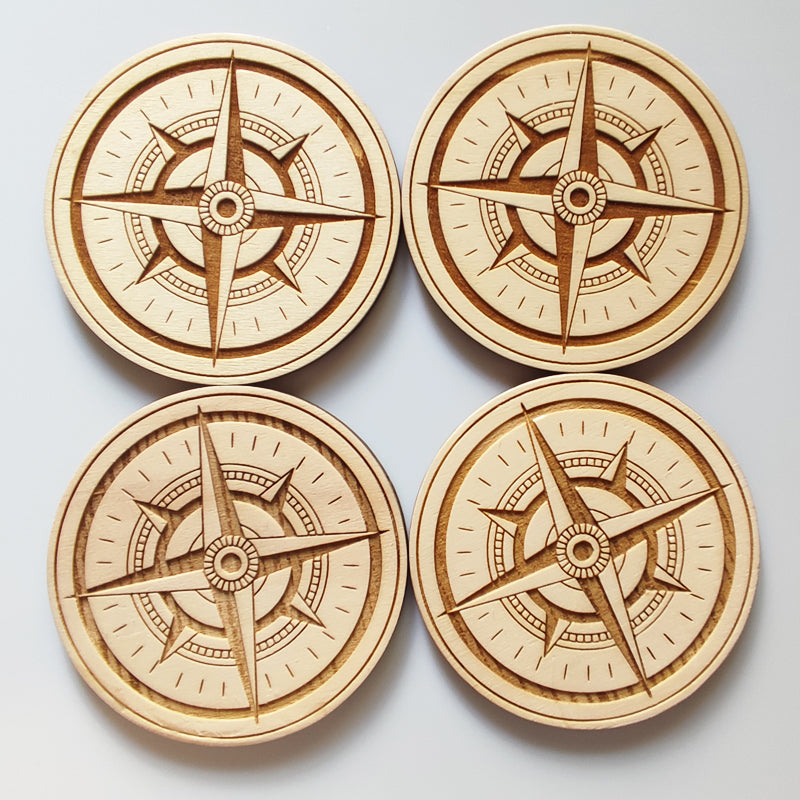 Set of 4 wooden wind rose coasters