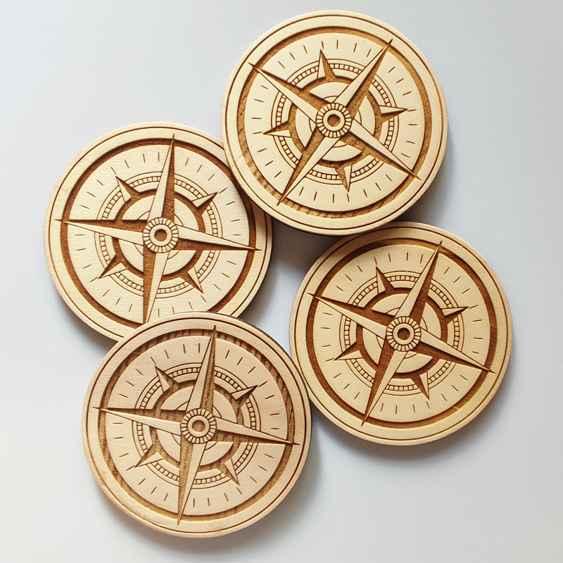 Set of 4 wooden wind rose coasters