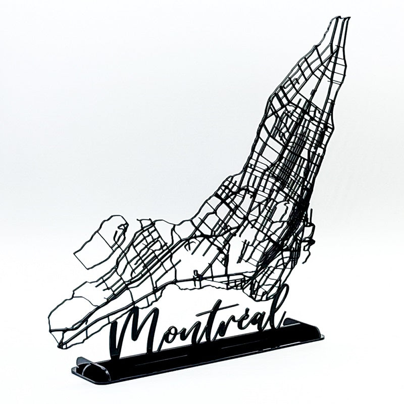 carte des routes de Montréal au Canada en plexiglass noir, projet artistique, décoration de maison, vue de côté