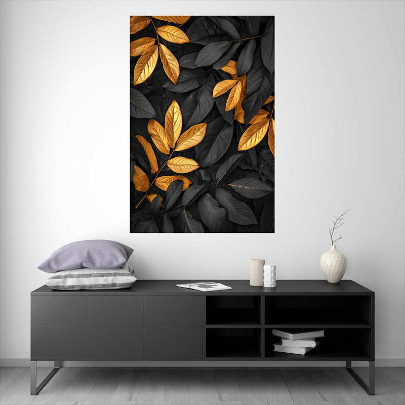 Autumn leaves in vibrant gold and deep black