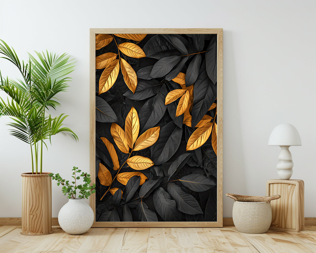 Autumn leaves in vibrant gold and deep black