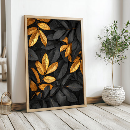 Autumn leaves in vibrant gold and deep black