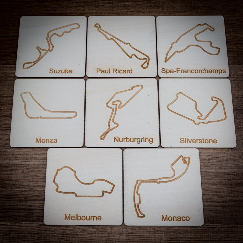 Set of 8 wooden circuit coasters