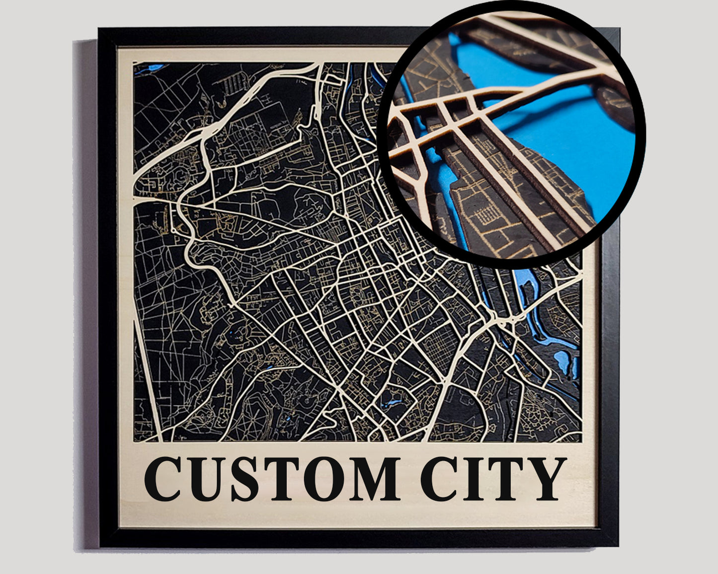 Carte en bois 3D de la ville de votre choix - fond noir