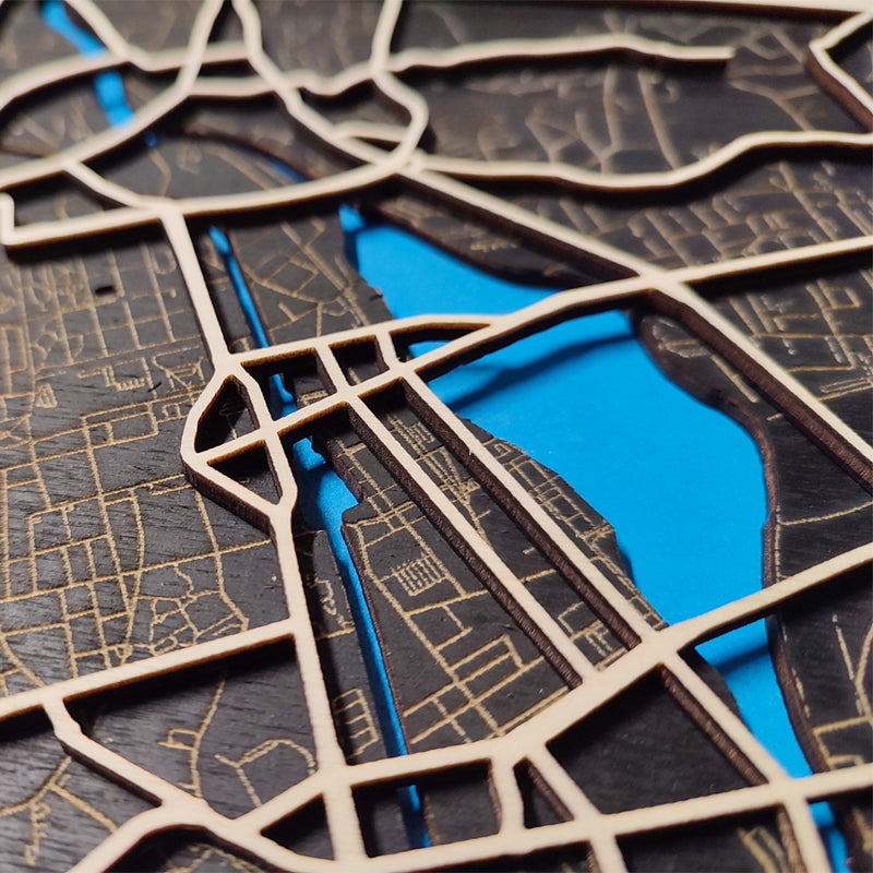 3D wooden map of the city of your choice - black background