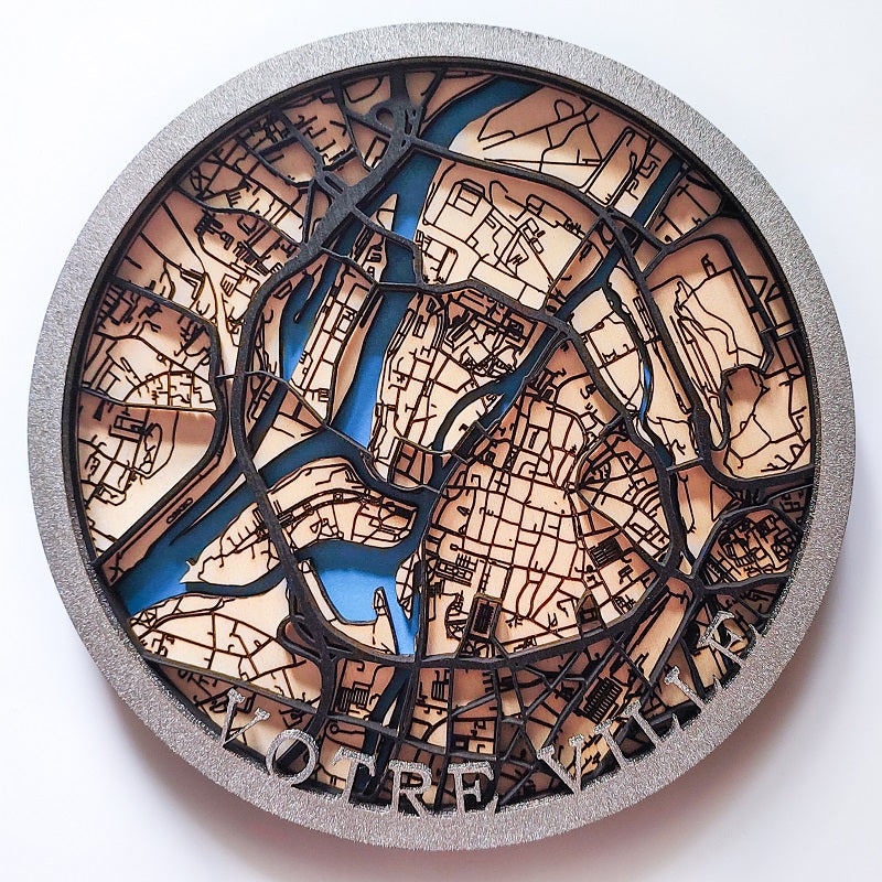 Carte en bois 3D ronde de la ville de votre choix - fond clair